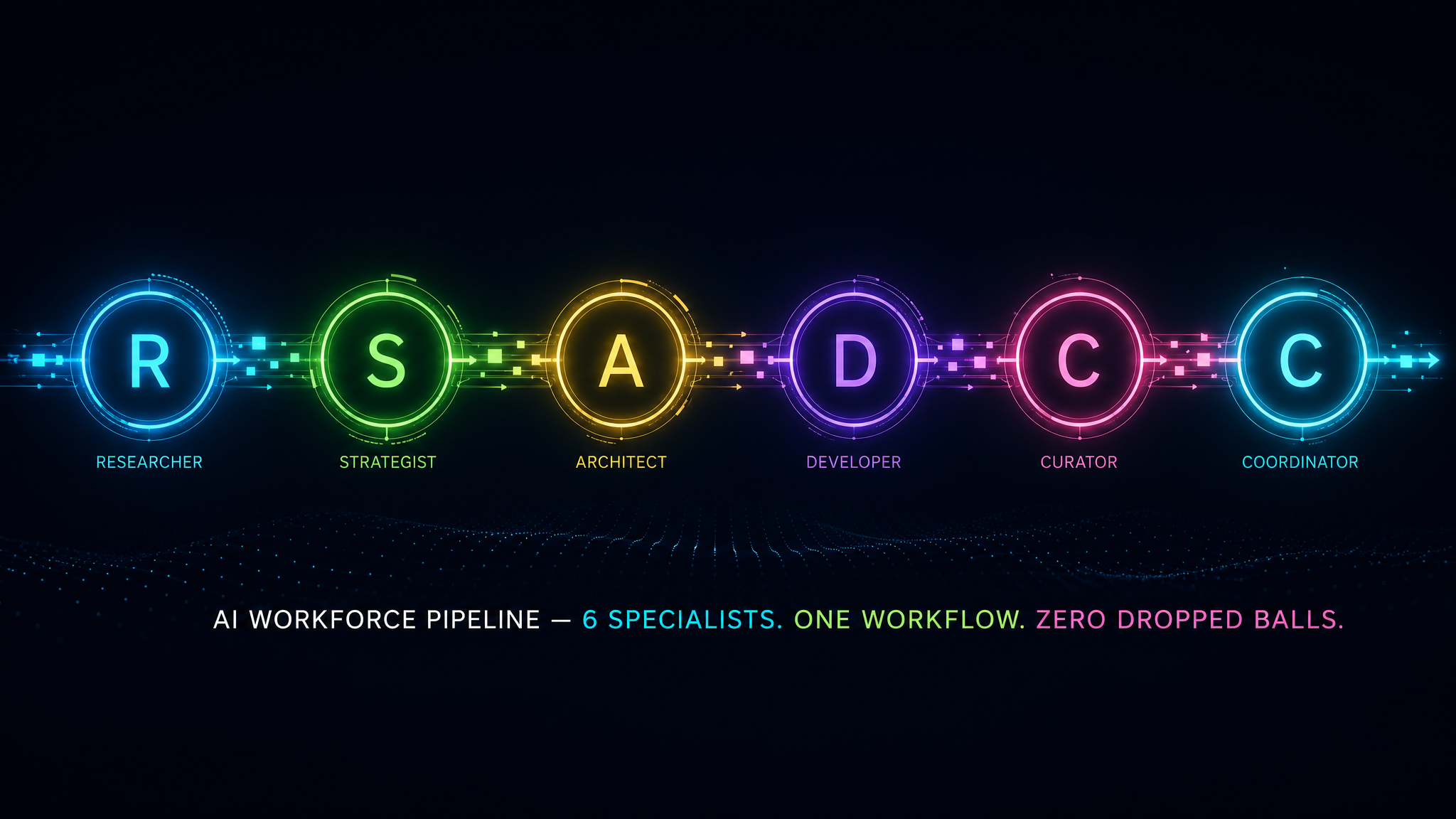 AI workforce pipeline: 6 specialist agents working in sequence